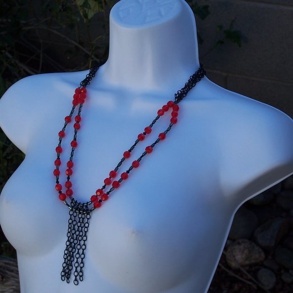 Handmade Double Strand Goth Beaded Necklace with Black Chains and Red Beads - Picture 13 of 16